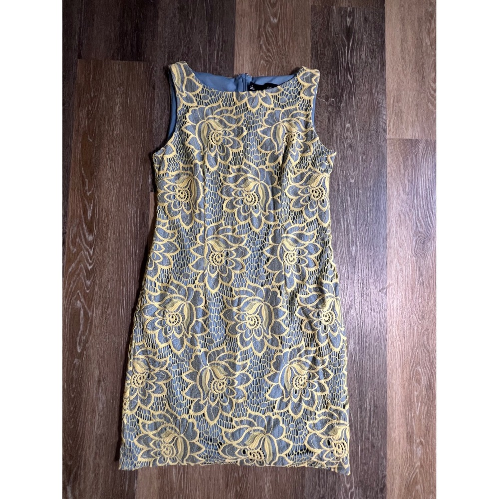 Chetta B Lace Sheath Dress Womens 4 Yellow‎ Blue Excellent Floral Sleeveless